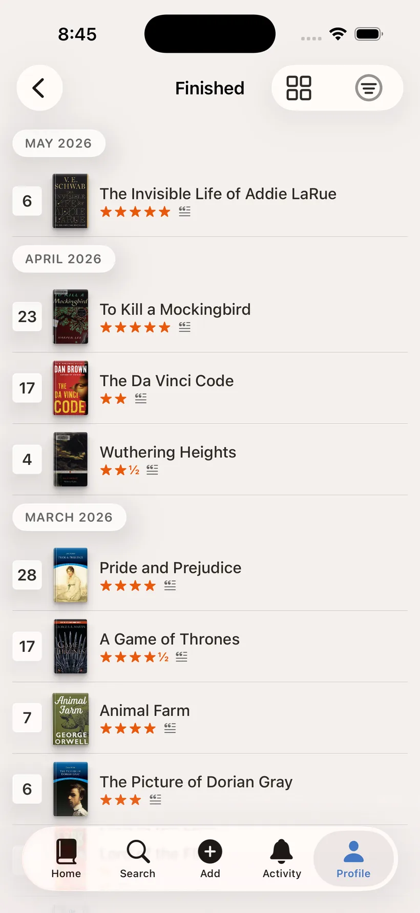 A reading diary in Catalogued, finished books grouped by month with star ratings