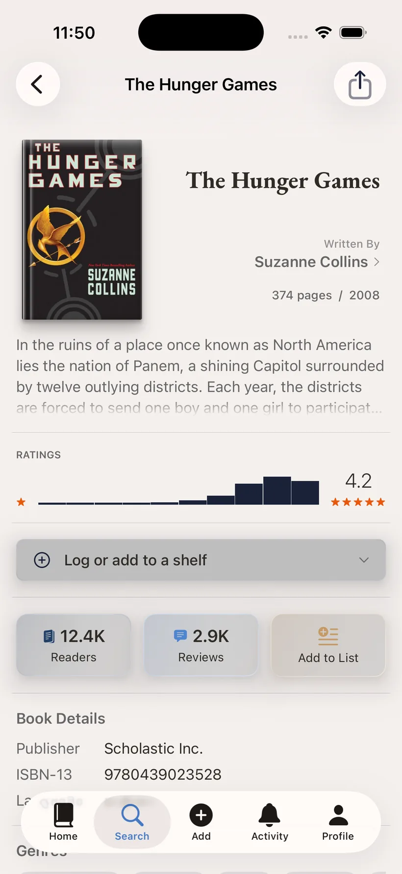 A book detail page in Catalogued with its rating histogram, description, and shelf options