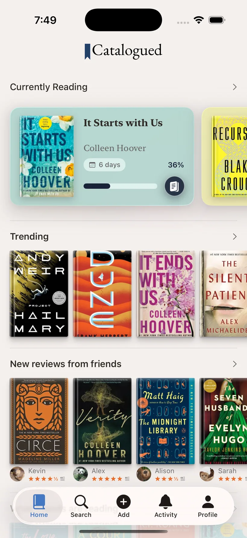The Catalogued home screen with a currently reading card, trending books, and friends reviews